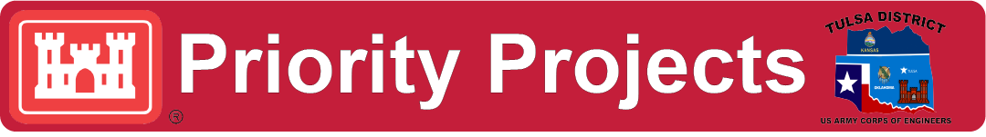Red background elongated rectangle with curved edges the Corps of Engineers Castle on the left side the words "Priority Projects" in the center and the Tulsa District Logo on the right side.