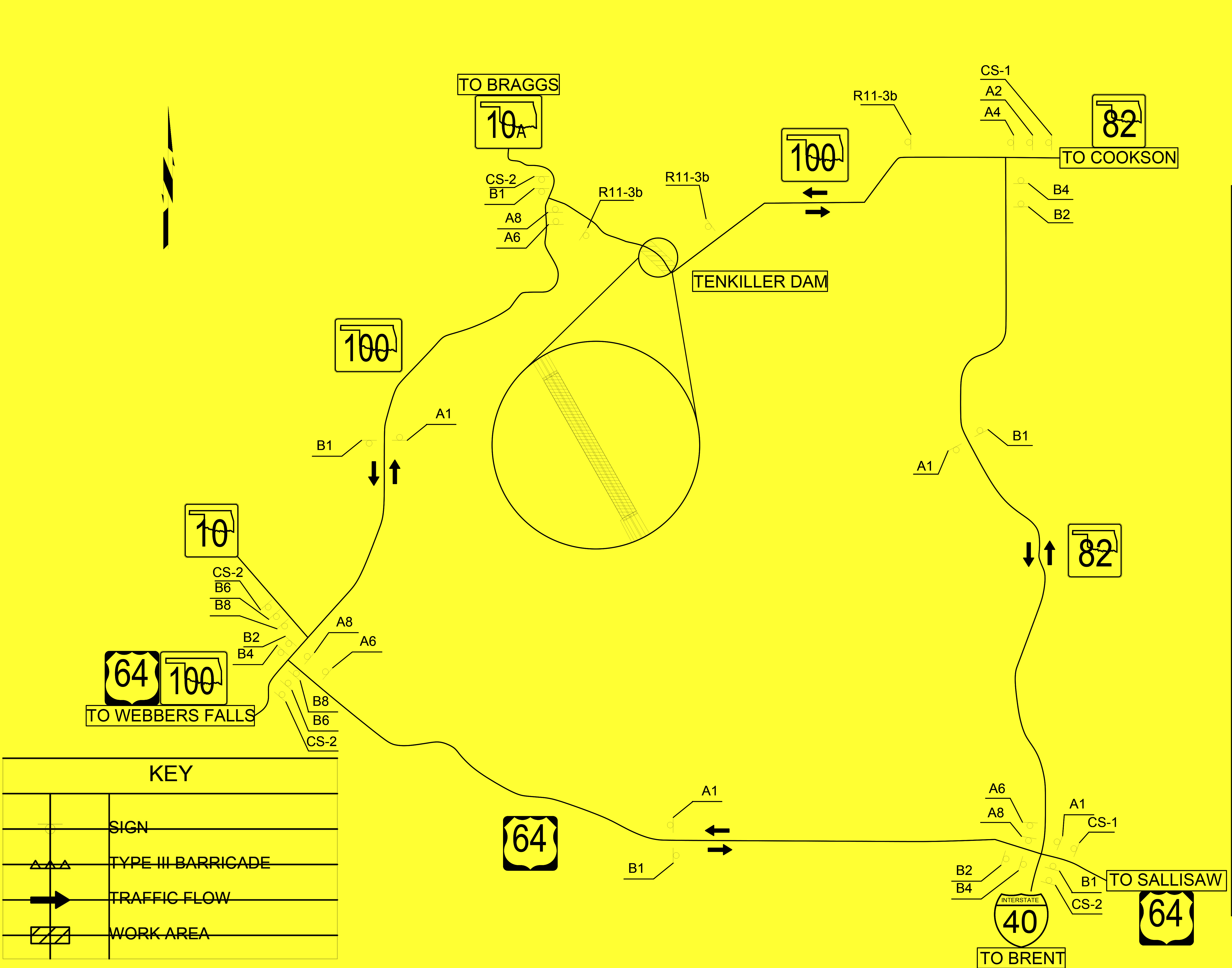 Detour plan for closure of State Highway 100 over Tenkiller Dam. Detour routes require use of Oklahoma 82, U.S. Interstate 40 or U.S. Route 64 to bypass closure.